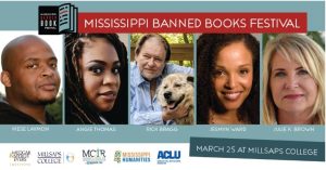 Authors speaking the Mississippi Banned Book Festival on March 25, 2023, include Kiese Laymon, Angie Thomas, Rick Bragg, Ward and Julie K. Brown. Credit: Logo by Katherine Mitchell