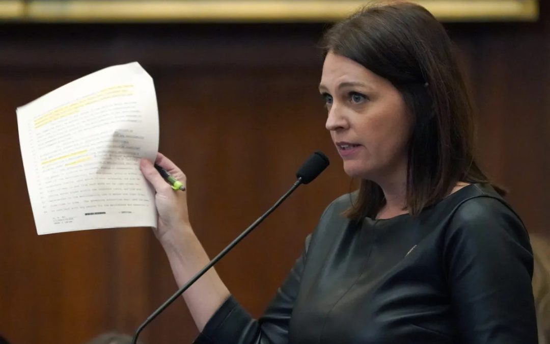 Rep. Shanda Yates, I-Jackson, presents legislation in House Chamber at the Mississippi Capitol, Tuesday, Feb. 7, 2023, in Jackson. (AP Photo/Rogelio V. Solis)