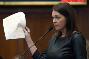 Rep. Shanda Yates, I-Jackson, presents legislation in House Chamber at the Mississippi Capitol, Tuesday, Feb. 7, 2023, in Jackson. (AP Photo/Rogelio V. Solis)
