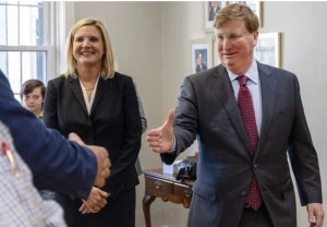 Gov. Tate Reeves greets supporters before signing qualifying paperwork to run for reelection at the Mississippi Republican Headquarters in Jackson on Tuesday, Jan. 3, 2023. Credit: Eric Shelton/Mississippi Today