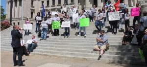 Members of the Mississippi branch of the ACLU and other protest the proposed Protecting Freedom of Conscience from Government Discrimination Act. Credit: Mississippi Today