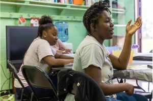 Savannah Guilty asks questions during the first day of the Baby University program in Clarksdale, Miss., Monday, April 3, 2023. Credit: Eric Shelton/Mississippi Today