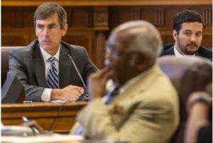 Senate Appropriations Committee Chairman Briggs Hopson, R-Vicksburg, left, talks with committee members about the proposal for a $247 million economic development project during a special session of the Mississippi Legislature in Jackson, Wednesday, Nov. 2, 2022.