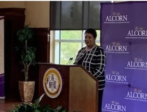 Felecia Nave answers questions after the IHL board announced her appointment in April 2019. Credit: Mississippi Public Universities