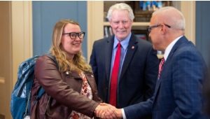 Provost Noel Wilkin (right) and Chancellor Glenn Boyce (center) congratulate Madeleine Dotson for becoming a 2023 Truman Scholar on Monday (April 10) in the chancellor’s office in the Lyceum. Dotson is the university’s 18th winner of the prestigious national scholarship for aspiring leaders. Photo by Thomas Graning/Ole Miss Digital Imaging Services