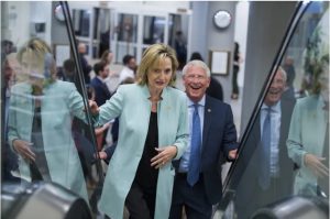 U.S. Sens. Cindy Hyde-Smith and Roger Wicker talk before the Senate Policy luncheons in the U.S. Capitol on June 26, 2018. (Photo By Tom Williams/CQ Roll Call) (CQ Roll Call via AP Images)