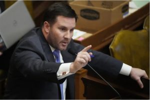 House Ways and Means Committee Chairman Trey Lamar, R-Senatobia responds to criticism during his call for support from lawmakers to pass the controversial House Bill 1020 on Friday, March 31, 2023, at the Capitol in Jackson. (AP Photo/Rogelio V. Solis)