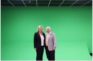 Pictured in the Gulf Park Campus film roomare Dr. Shannon Campbell (left), who servesas Senior Associate Vice President for CoastalOperations, and USM President Dr. JosephPaul (right).