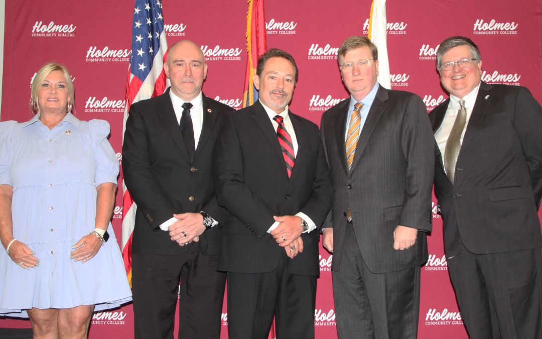 Pictured are (left to right) Mississippi House of Representatives District 108 Stacey Hobgood Wilkes, Director of the Bureau of EMS David Hall, Holmes EMS Program Director Mark Galtelli, Gov. Tate Reeves and Mississippi State Health Officer Dr. Daniel Edney following the first statewide EMS Memorial Service held at Holmes Community College on May 25.
