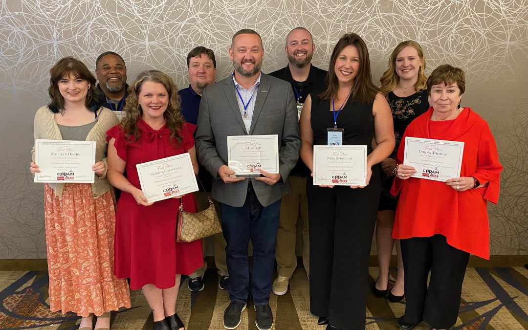 Itawamba Community College representatives at the College Public Relations Association of Mississippi special event where the staff received multiple awards include front, from left, Morgan Henry, Maggie Caldwell, C.J. Adams, Nina Strother, Donna Thomas; back, Raphael Henry, Adam Gore, Lee Adams and Margaret Todd.