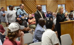 Legislator Becky Currie voices her disapproval of flood control options posed by the U.S. Army Corps of Engineers, during a public meeting held regarding Pearl River flooding, at the Mississippi Agriculture and Forestry Sparkman Auditorium in Jackson, Wednesday, May 24, 2023. Credit: Vickie D. King/Mississippi Today