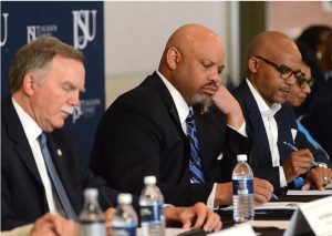 As the search continues for Jackson State University's new president, a panel of educators including (from left) Board of Trustee member Gee Ogletree, Commissioner of Higher Learning Al Rankings, Jr., search committee chair Steven Cunningham and board of trustee member Dr. Ormella Cummings, conducted a listening session on campus to allow feedback from faculty and students, Wednesday, April 19, 2023. Credit: Vickie D. King/Mississippi Today