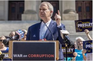 Democratic gubernatorial candidate Brandon Presley talks about ethics reform in state government during a press conference, Tuesday, May 16, 2023, at the Mississippi Capitol in Jackson. Credit: Eric Shelton/Mississippi Today