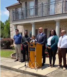 Attorney Carlos Moore holds news conference Tuesday, May 30, 2023, outside his Grenada law office to announce the filing of a $5 million lawsuit against the city of Indianola, the police chief and Officer Greg Capers in the shooting of 11-year-old Aderrien Murry. Credit: Photo courtesy of Carlos Moore