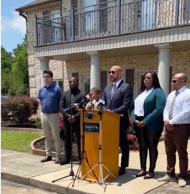 Attorney Carlos Moore holds news conference Tuesday, May 30, 2023, outside his Grenada law office to announce the filing of a $5 million lawsuit against the city of Indianola, the police chief and Officer Greg Capers in the shooting of 11-year-old Aderrien Murry. Credit: Photo courtesy of Carlos Moore