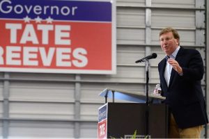 Gov. Tate Reeves speaks to supporters at Stribling Equipment in Richland, Wednesday, May 3, 2023. Credit: Vickie D. King/Mississippi Today