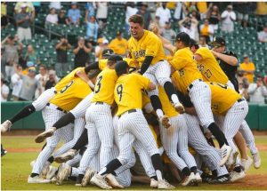 Southern Miss celebrates its Sun Belt Conference Tournament championship at Riverwalk Park in Montgomery. That's right fielder Carson Paetow on top of the pile. Somewhere, underneath, is pitching hero Justin Storm