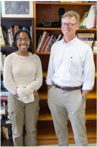 Georgianna McKenny, the winner of the 2023 National Public Radio Student Podcast Challenge, with her composition teacher, Thomas Easterling. Credit: Caleb Youngblood/The Mississippi School for Mathematics and Science