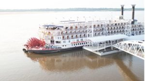 The American Queen docks in Tunica, Mississippi, May 28, 2023, for a final stop before docking in Memphis on Memorial Day. Credit: Credit: Keely Brewer, Daily Memphian