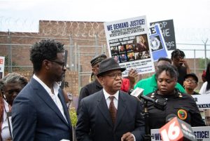 Charles Muhammad told protestors outside of the Rankin County Sheriff's Department on Wednesday, July 5, 2023, that Michael Jenkins and Eddie Parker's torture was part of a long legacy of abuse. His son died in 1992 after being taken into custody by Rankin County deputies. Credit: Nate Rosenfield/MCIR at Mississippi Today