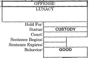 The booking form for Jimmy Sons, identifying his “offense” as “lunacy.” (Obtained by Mississippi Today)