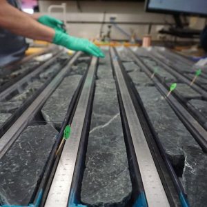 Halved core sections of serpentinized peridotite from IODP Hole U1601C, Atlantis Massif, Mid-Atlantic Ridge, Atlantic Ocean, the deepest hole in serpentinized peridotite in the world. Photo credit: Lesley Anderson