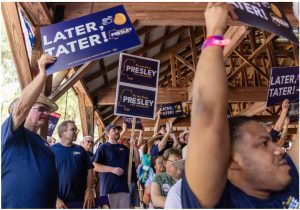 Brandon Presley, Democratic candidate for governor, supporters cheer during the 2023 Neshoba County Fair in Philadelphia, Miss., Thursday, July 27, 2023.