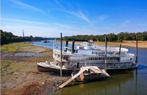 A marooned steamboat crumbles on the banks of the Mississippi River in Memphis, Tenn. on Oct. 7, 2022. Lower than normal river levels made the shipwreck accessible by land. Credit: Patrick Lantrip, Daily Memphian