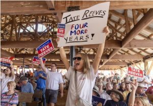 Gov. Tate Reeves supporters cheer during the 2023 Neshoba County Fair in Philadelphia, Miss., Thursday, July 27, 2023. Credit: Eric Shelton/Mississippi Today