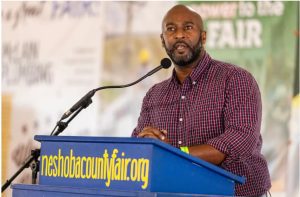 Shuwaski Young, Democratic candidate for Secretary of State, speaks during the 2023 Neshoba County Fair in Philadelphia, Miss., Thursday, July 27, 2023.