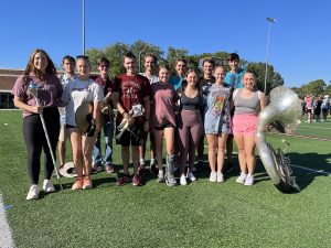 The 2023 Famous Maroon band consists of seven sets of siblings, carrying on the family tradition that's been a band staple for more than 117 years. Pictured are (front row, left to right) Madeline Kelly, drum major, Starkville; Jillian Kelly, cymbals, Starkville; Ryan Doyle, trumpet, Vicksburg; Caitlin Doyle, color guard, Vicksburg; Haley Luther, drumline captain, Hattiesburg; Victoria Luther, color guard, Hattiesburg; Maylan Mack, bass horn, Pensacola, Florida; and (back row, left to right) Dawson Smith, baritone, Starkville; Blake Smith, alto saxophone, Starkville; Sanders Oakley, trumpet, Morton; Wynn Oakley, baritone, Morton; Nathan Baxter, mellophone, Kennesaw, Georgia; and Jeremy Baxter, baritone, Kennesaw, Georgia. Not pictured: Mariah Mack, piccolo, Pensacola, Florida. (Photo submitted)