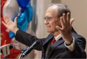 Lt. Gov. Delbert Hosemann smiles as he speaks to his supporters during his primary election party at River Hills Club in Jackson, Miss., Tuesday, August 8, 2023. Credit: Eric Shelton/Mississippi Today