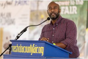 Shuwaski Young, Democratic candidate for Secretary of State, speaks during the 2023 Neshoba County Fair in Philadelphia, Miss., Thursday, July 27, 2023. Credit: Eric Shelton/Mississippi Today