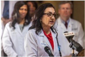 Dr. Anita Henderson, a pediatrician at The Pediatric Clinic, speaks in support of Senate Bill 2212 during a press conference at the Capitol in Jackson, Miss., Wednesday, February 22, 2023. The bill would extend postpartum coverage from two months to one year.
