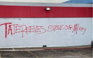 TV station WDAM reported that this graffiti was spray painted on a Pine Belt business. (Courtesy WDAM Twitter)