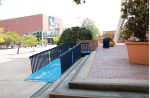 A ramp provides wheelchair access to the H.P. Jacobs Administration Tower on the campus of Jackson State University.