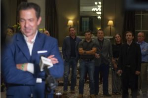 Chris McDaniel's campaign staff looks on as Republican State Sen. Chris McDaniel speaks to the media and his supporters at the Biloxi Visitors Center on Tuesday, Aug. 8, 2023 in Biloxi, Miss. (Hannah Ruhoff/The Sun Herald via AP)