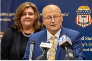 U.S. Attorney Darren J. LaMarca, right, stands with Deputy Attorney General Mary Helen Wall during a press conference Thursday, Aug. 3, 2023, at the Thad Cochran U.S. District Courthouse in Jackson, Miss., after six law enforcement officers pleaded guilty to brutalizing and assaulting two Black men during a home raid that ended with an officer shooting one of the victims in the mouth. Credit: Eric Shelton/Mississippi Today