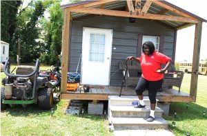 Dianne Shelton shares this tiny home with a friend on the outskirts of Rolling Fork, Thursday, Aug. 10, 2023. Shelton, who is disabled, is angry and frustrated regarding the lack of assistance from local and other agencies after losing everything in a tornado that destroyed her home and much of Rolling Fork. Credit: Vickie D. King/Mississippi Today