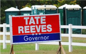 Gov. Tate Reeves campaign sign on US 49 North in Hinds County, Monday, Aug. 7, 2023.
