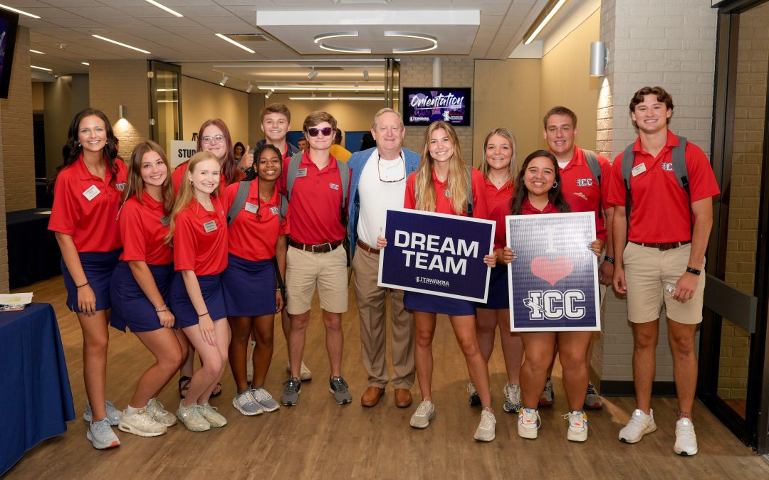 Itawamba Community College President Dr. Jay Allen poses with the 2023 Orientation Leaders during a session this summer. – Photo by C.J. Adams
