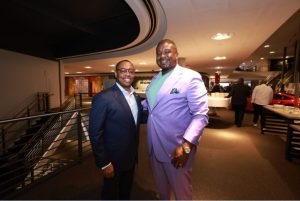 JSU Vice President of Athletics and Athletic Director Ashley Robinson and JSU alum Richard Bradley share a laugh at the ESPN Welcome Reception in Atlanta during the MEAC SWAC Challenge last month. (Photo by William H. Kelly, III/JSU)