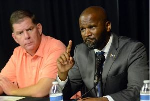 Mississippi Center for Justice attorney Ty Pinkins (right) and U.S. Secretary of Labor Marty Walsh discuss the unfair treatment of Black Delta farmers during a panel discussion in Indianola on Thursday, June 30, 2022. Credit: Vickie D. King/Mississippi Today