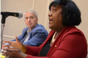 Democratic gubernatorial candidate Brandon Presley and Mississippi Association of Educators President Erica Jones address the concerns of educators during a town hall meeting held at the Hilton Hotel in Jackson, Monday, Sept. 25, 2023. Credit: Vickie D. King/Mississippi Today