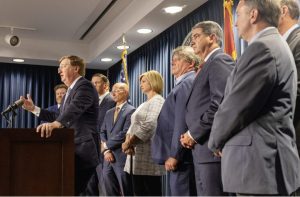 Gov. Tate Reeves announces his plans for a series of Medicaid reimbursement reforms during a press conference at the Walter Sillers Building in Jackson, Miss., on Thursday, September 21, 2023. Credit: Eric Shelton/Mississippi Today