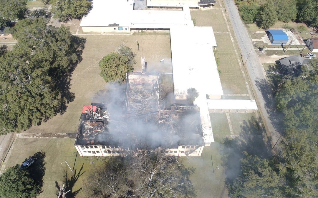AERIAL PHOTO OF THE DAMAGED BUILDING