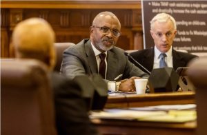 Rep. Robert Johnson, D-Natchez, center, asks questions during a TANF hearing at the State Capitol in Jackson, Miss., Thursday, December 15, 2022. Credit: Eric Shelton/Mississippi Today