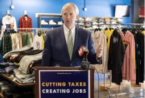 Brandon Presley, the Democratic candidate for governor, talks about jobs and taxes during a news conference at Conkrete Sneaker Boutique in Jackson, Miss., Thursday, June 22, 2023. Credit: Eric Shelton/Mississippi Today