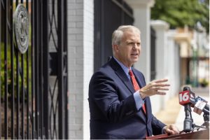 Democratic gubernatorial candidate Brandon Presley speaks about Gov. Tate Reeves' involvement in the state's welfare scandal during a press conference in front of the Governor's Mansion in Jackson, Miss., Monday, Aug. 28, 2023. Credit: Eric Shelton/Mississippi Today