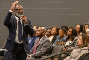 Superintendent of Jackson Public Schools Errick Greene speaks about school closures during a JPS community meeting at Forest Hill High School in Jackson, Miss., Monday, October 9, 2023. JPS announced its plan to close or consolidate 16 schools.